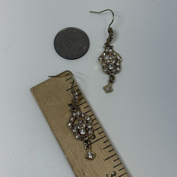 DOWNTON ABBEY Antique Gold Tone Rhinestone Dangle Earrings - Picture 5 of 6